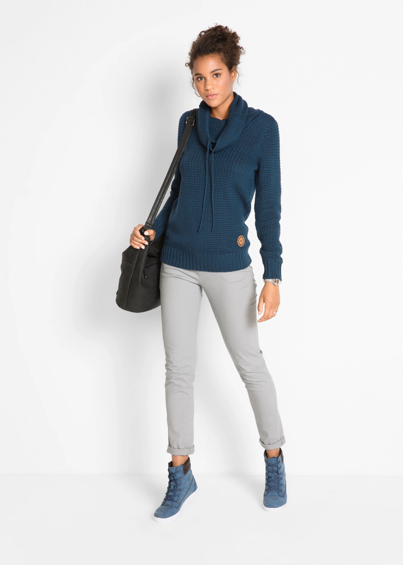 Svetr s rolákovým límcem a šňůrkami • tmavě modrá • bonprix obchod