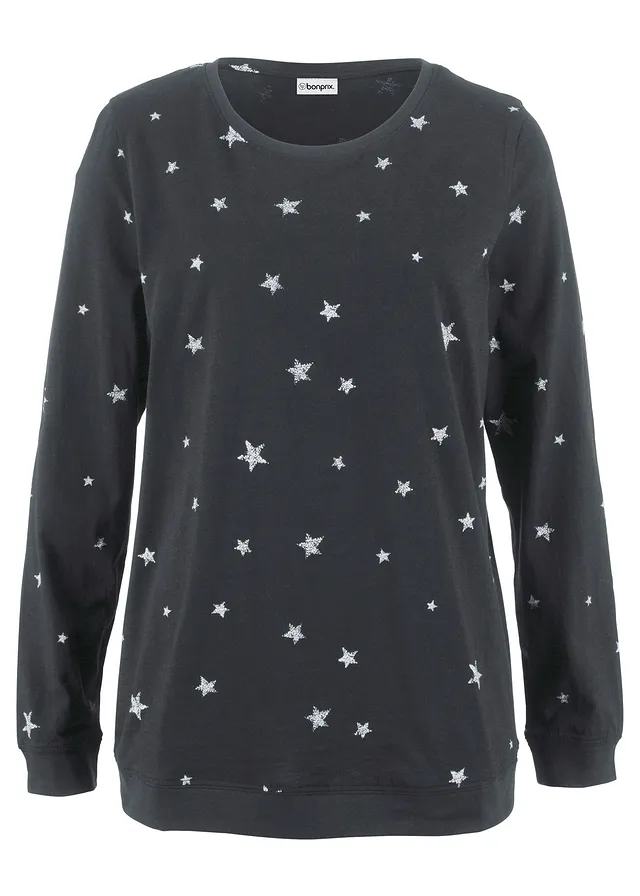 Bluzka bawełniana z nadrukiem, długi rękaw • czarny • sklep bonprix