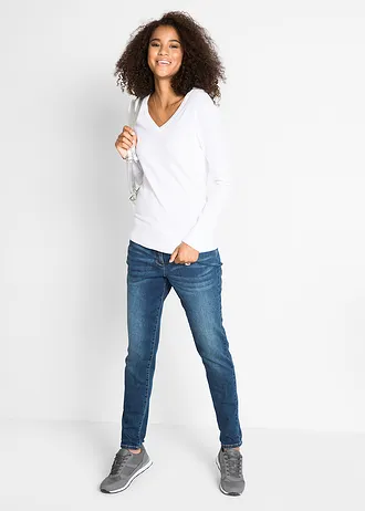 Fijngebreide trui met V-hals, Kleur: wit