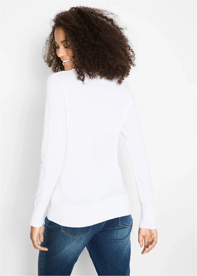 Fijngebreide trui met V-hals, Kleur: wit