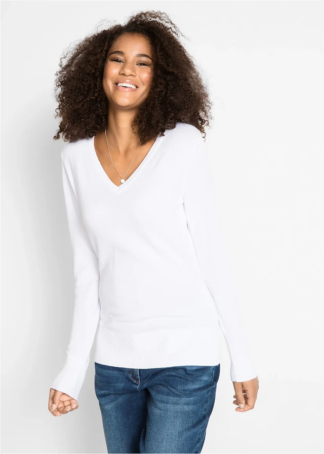 Fijngebreide trui met V-hals, Kleur: wit