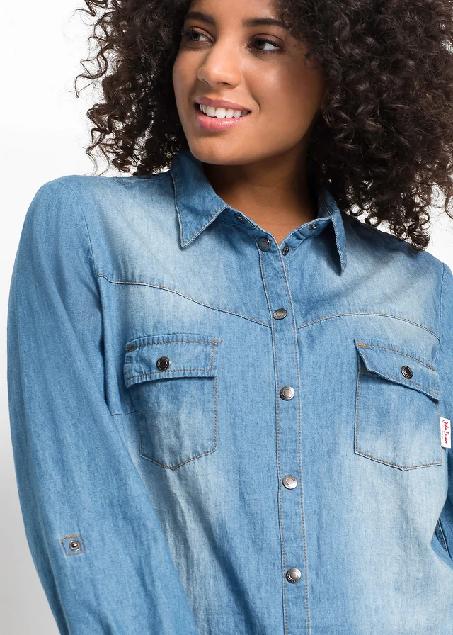 Chemise en jean avec boutons-pression, manches longues, Couleur: bleu moyen