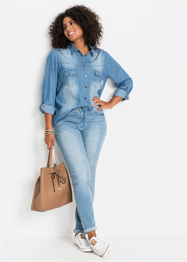Chemise en jean avec boutons-pression, manches longues, Couleur: bleu moyen