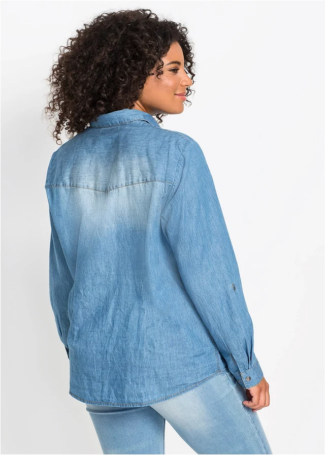 Chemise en jean avec boutons-pression, manches longues, Couleur: bleu moyen