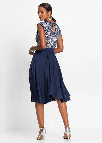 Midi jurk met kant, Kleur: donkerblauw gebloemd