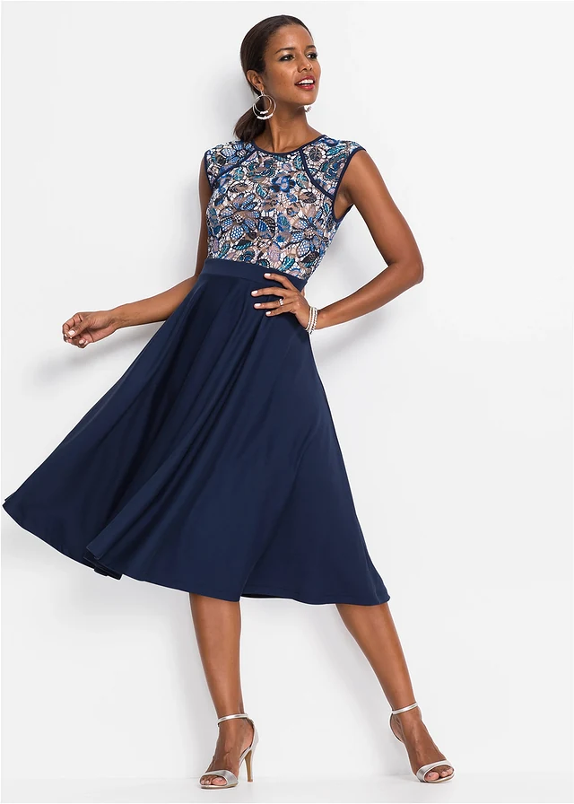 Midi jurk met kant, Kleur: donkerblauw gebloemd