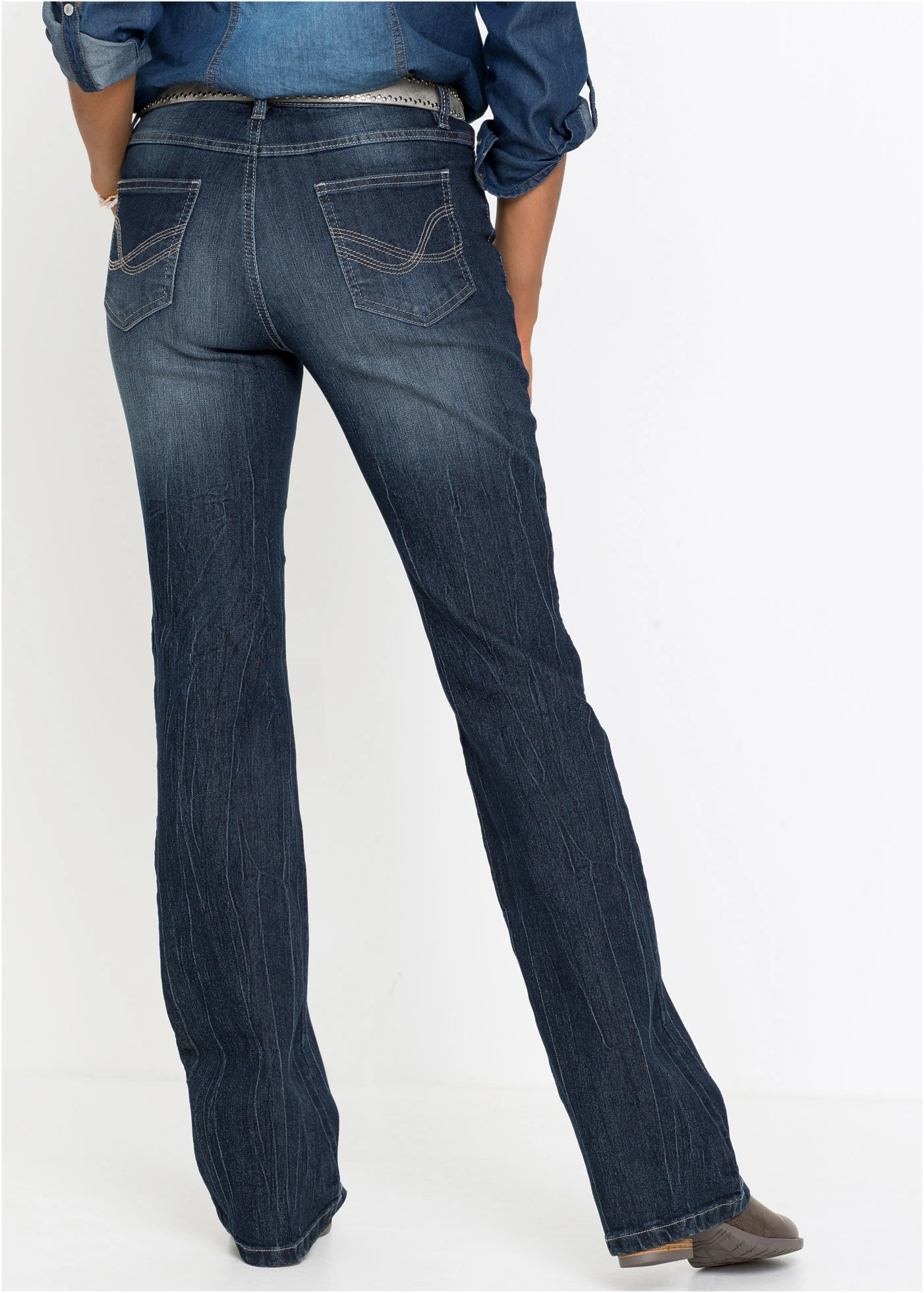 Wygodne dżinsy ze stretchem o kroju bootcut, high waist • granatowy denim used • sklep bonprix