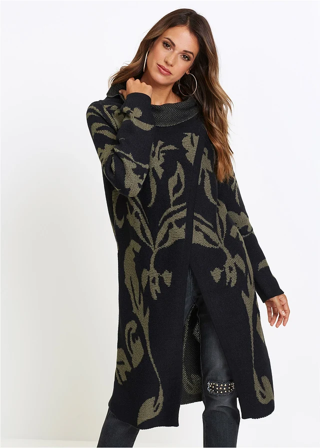 Manteau en maille, Couleur: noir-olive foncé imprimé