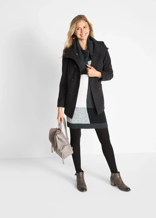 Robe en maille, manches longues, longueur genou, Couleur: anthracite chiné gris clair chiné blanc cassé noir