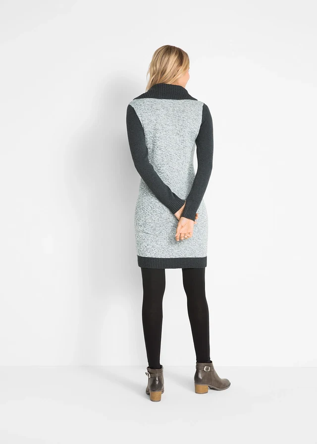 Robe en maille, manches longues, longueur genou, Couleur: anthracite chiné gris clair chiné blanc cassé noir
