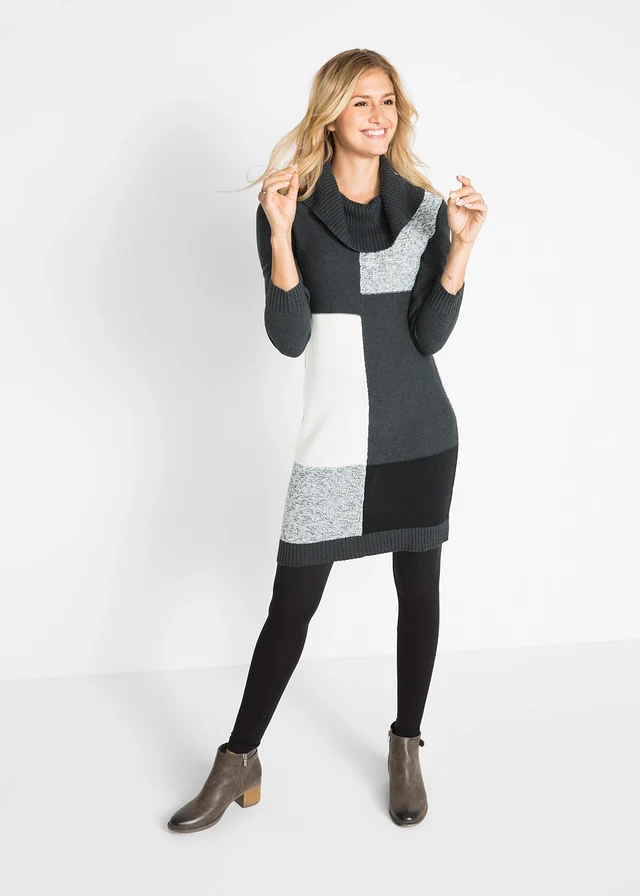 Robe en maille, manches longues, longueur genou, Couleur: anthracite chiné gris clair chiné blanc cassé noir