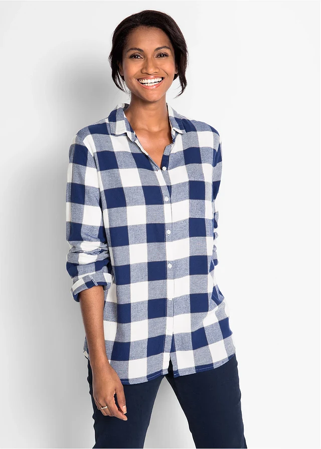 Flanellen blouse, lange mouw, Kleur: middernachtsblauw. geruit