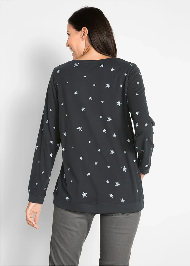 T-shirt coton imprimé, manches longues, Couleur: noir imprimé