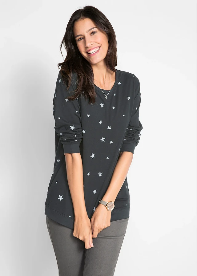 Katoenen longsleeve met print, Kleur: zwart met print