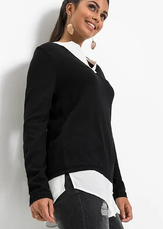 Fijngebreide trui met blouse-inzet • zwart • bonprix online shop