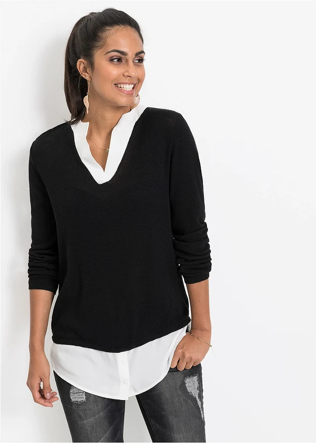 Pull en fine maille avec empiècement chemisier, Couleur: noir / blanc