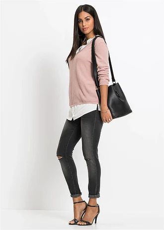 Pull en fine maille avec empiècement chemisier, Couleur: rose/blanc