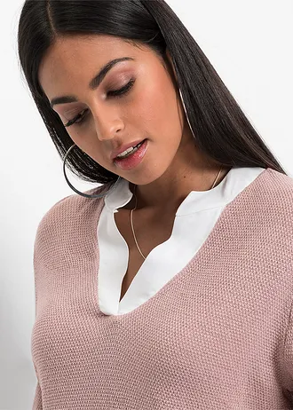 Pulover din tricotaj fin cu inserții tip cămașă • roz pal/alb • magazin bonprix