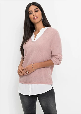Pull en fine maille avec empiècement chemisier, Couleur: rose/blanc
