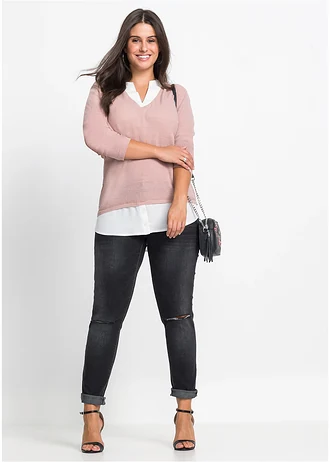 Pull en fine maille avec empiècement chemisier, Couleur: rose/blanc