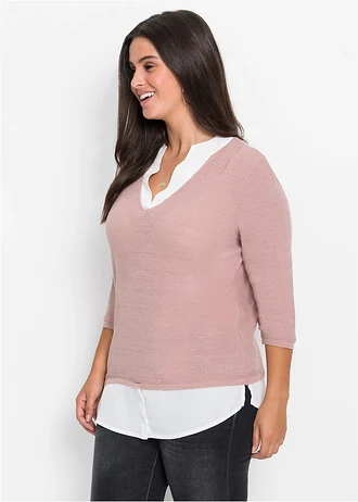 Pull en fine maille avec empiècement chemisier, Couleur: rose/blanc