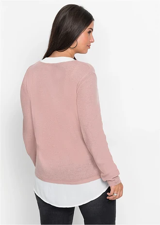 Pull en fine maille avec empiècement chemisier, Couleur: rose/blanc