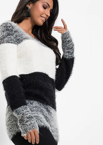 Pulover din tricot cu ochiuri mari • negru/alb dungat • magazin bonprix