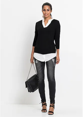 Fijngebreide trui met blouse-inzet, Kleur: zwart/wit