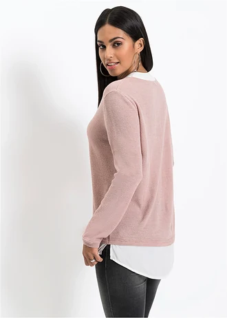 Pull en fine maille avec empiècement chemisier, Couleur: rose/blanc