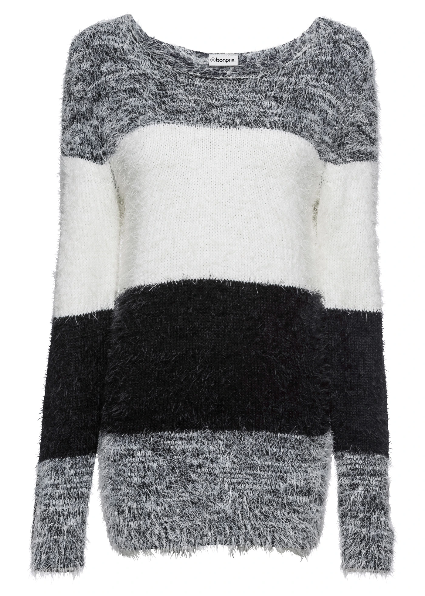 Pulover din tricot cu ochiuri mari • negru/alb dungat • magazin bonprix