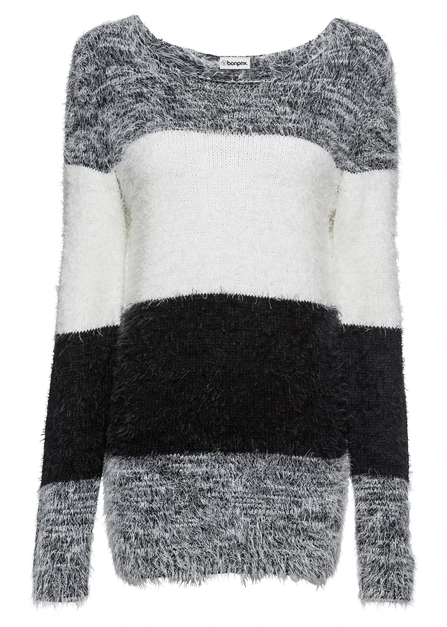 Fluffy trui met strepen, Kleur: zwart/wit gestreept