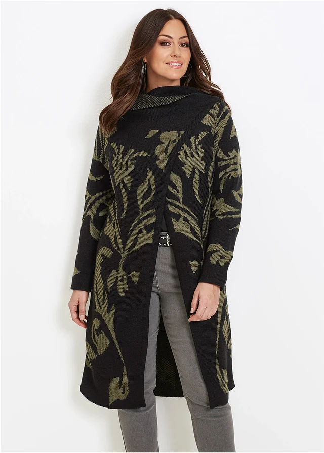 Manteau en maille, Couleur: noir-olive foncé imprimé