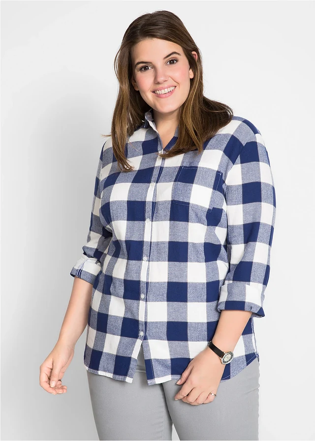 Flanellen blouse, lange mouw, Kleur: middernachtsblauw. geruit