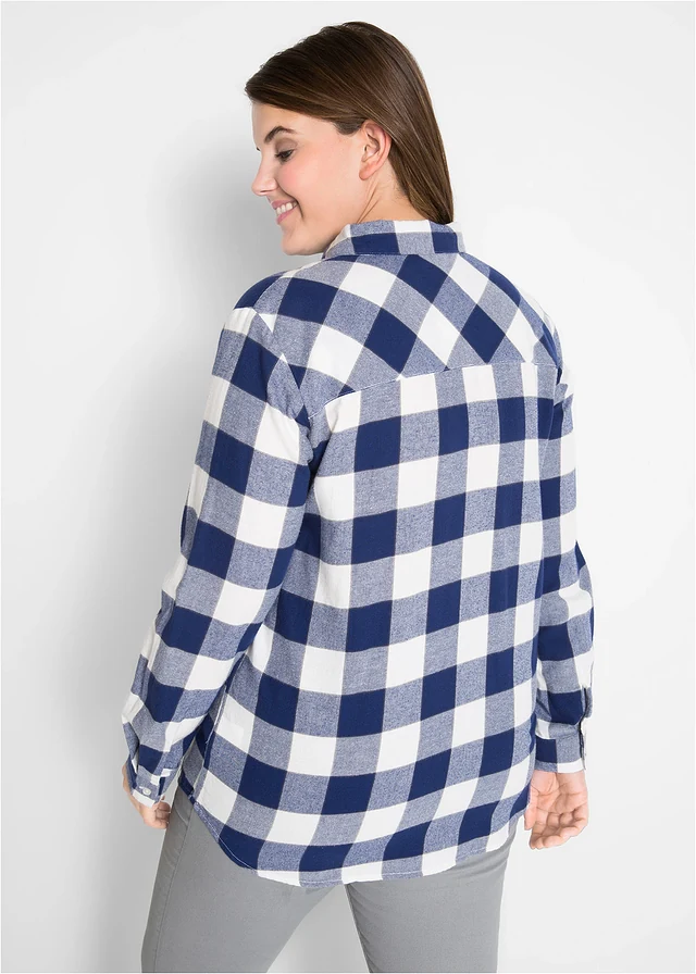Flanellen blouse, lange mouw, Kleur: middernachtsblauw. geruit