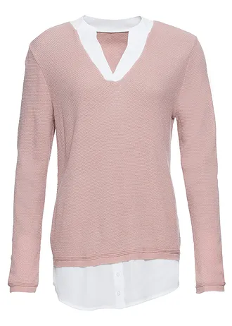 Pull en fine maille avec empiècement chemisier, Couleur: rose/blanc