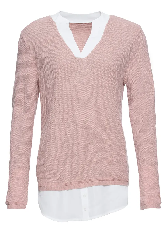 Pulover din tricot fin cu aplicație tip cămaşă