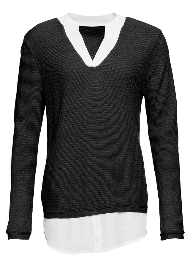 Pull en fine maille avec empiècement chemisier, Couleur: noir / blanc