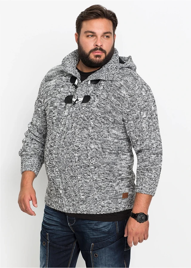 Pull à capuche en grosse maille de coton mélangé, Couleur: noir chiné