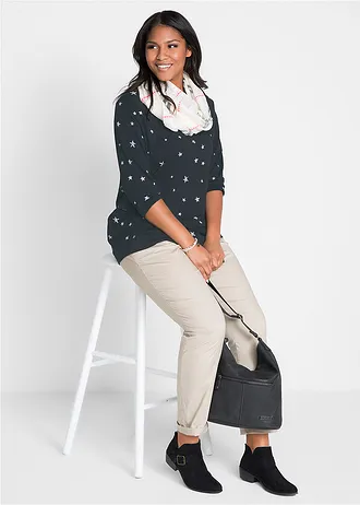 T-shirt coton imprimé, manches longues, Couleur: noir imprimé