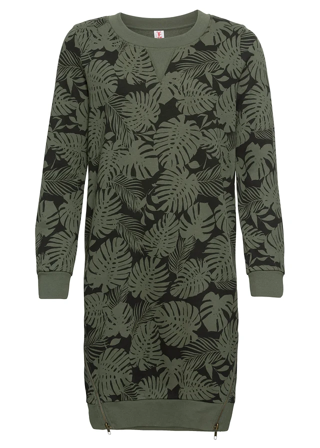 Robe imprimée en molleton, Couleur: olive foncé/noir imprimé