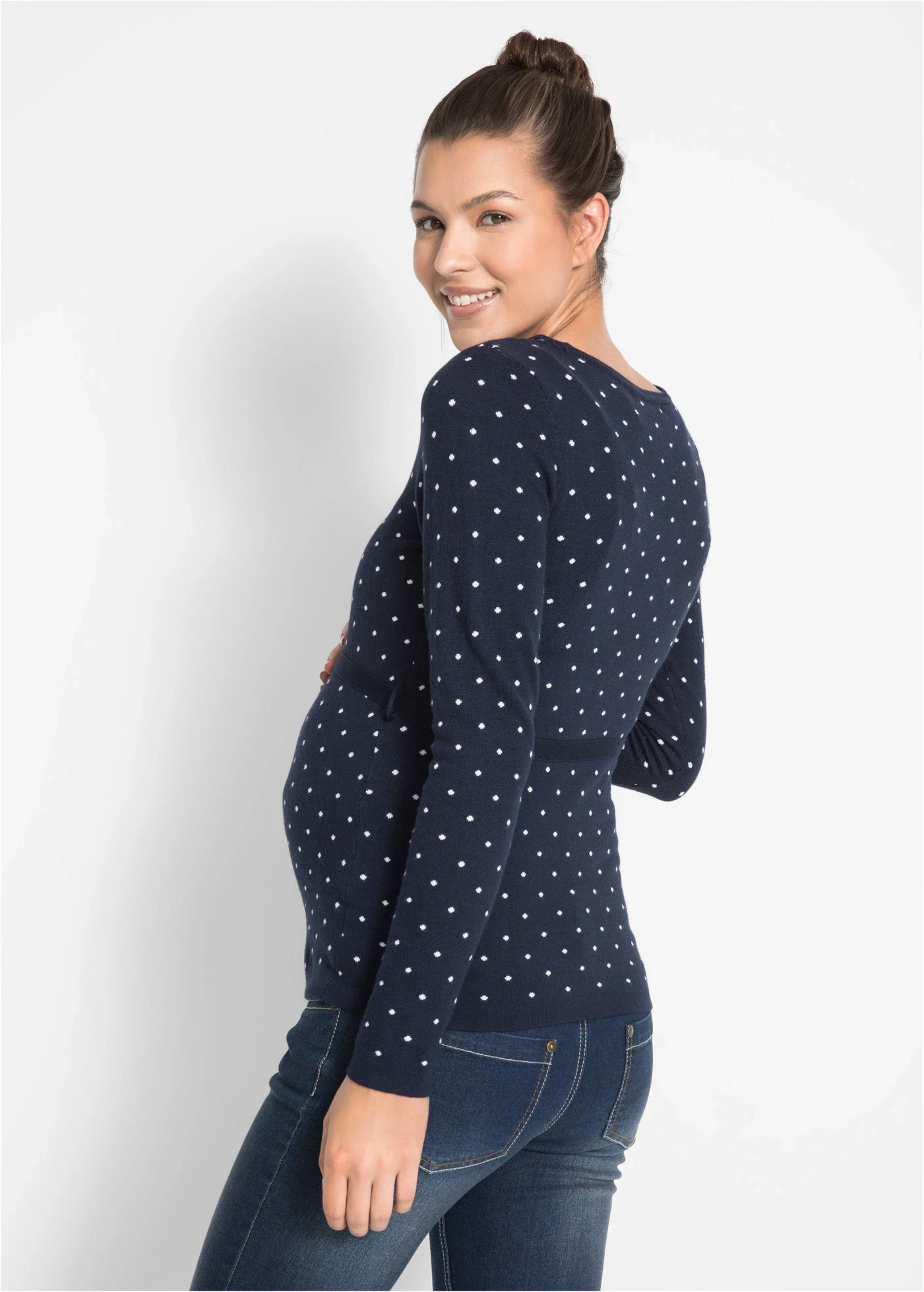 Fijn gebreide 2-in-1 zwangerschapstrui / voedingstrui • donkerblauw gestippeld • bonprix online shop
