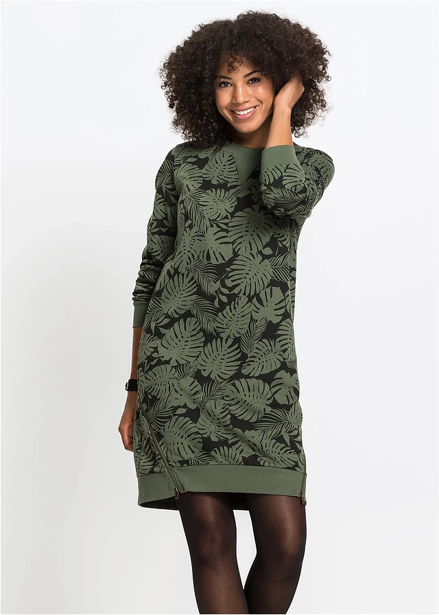 Robe imprimée en molleton, Couleur: olive foncé/noir imprimé