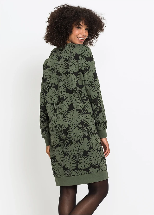 Robe imprimée en molleton, Couleur: olive foncé/noir imprimé