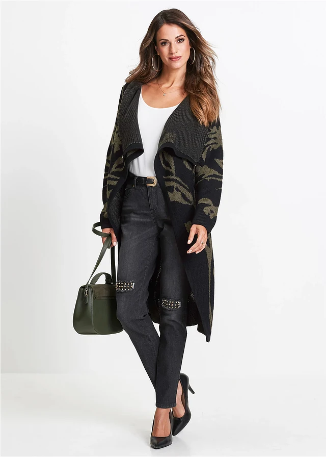 Manteau en maille, Couleur: noir-olive foncé imprimé