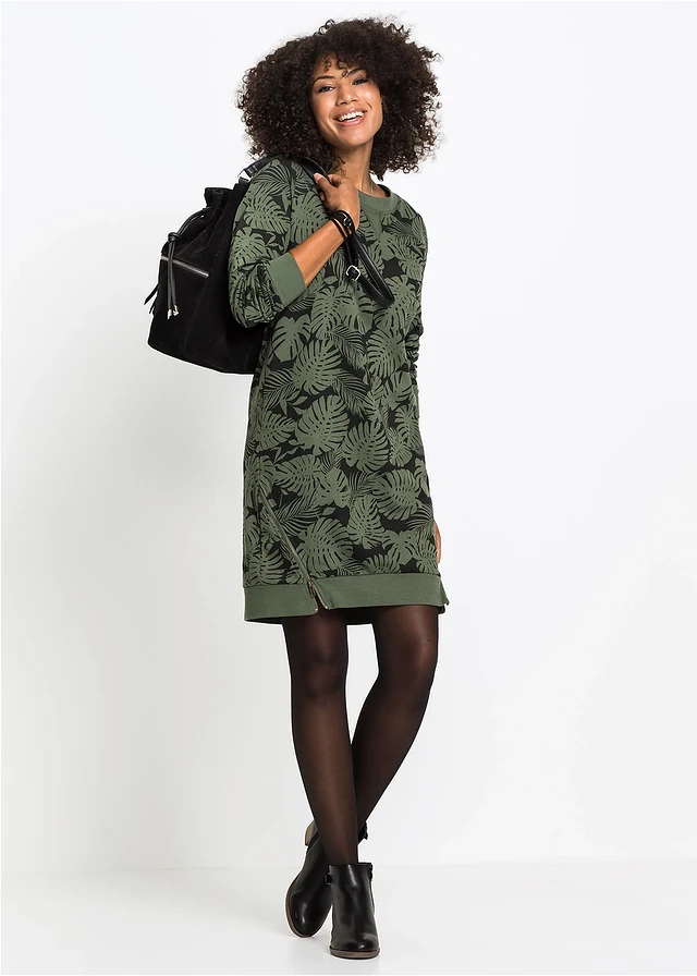 Robe imprimée en molleton, Couleur: olive foncé/noir imprimé