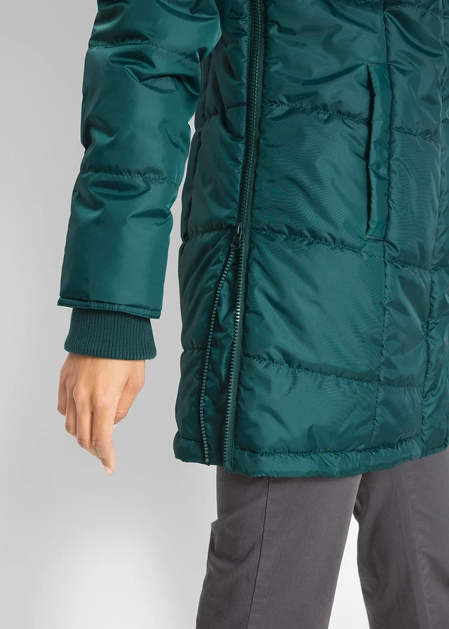 Lange gewatteerde jas met kraag en capuchon • petrolgroen • product-page.page-title-suffix