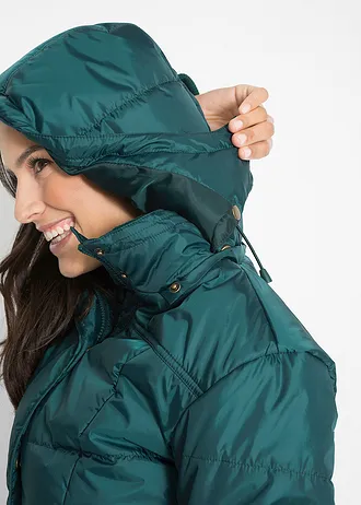 Dlouhá prošívaná bunda s límcem a kapucí, vatovaná • petrolejově zelená • bonprix obchod