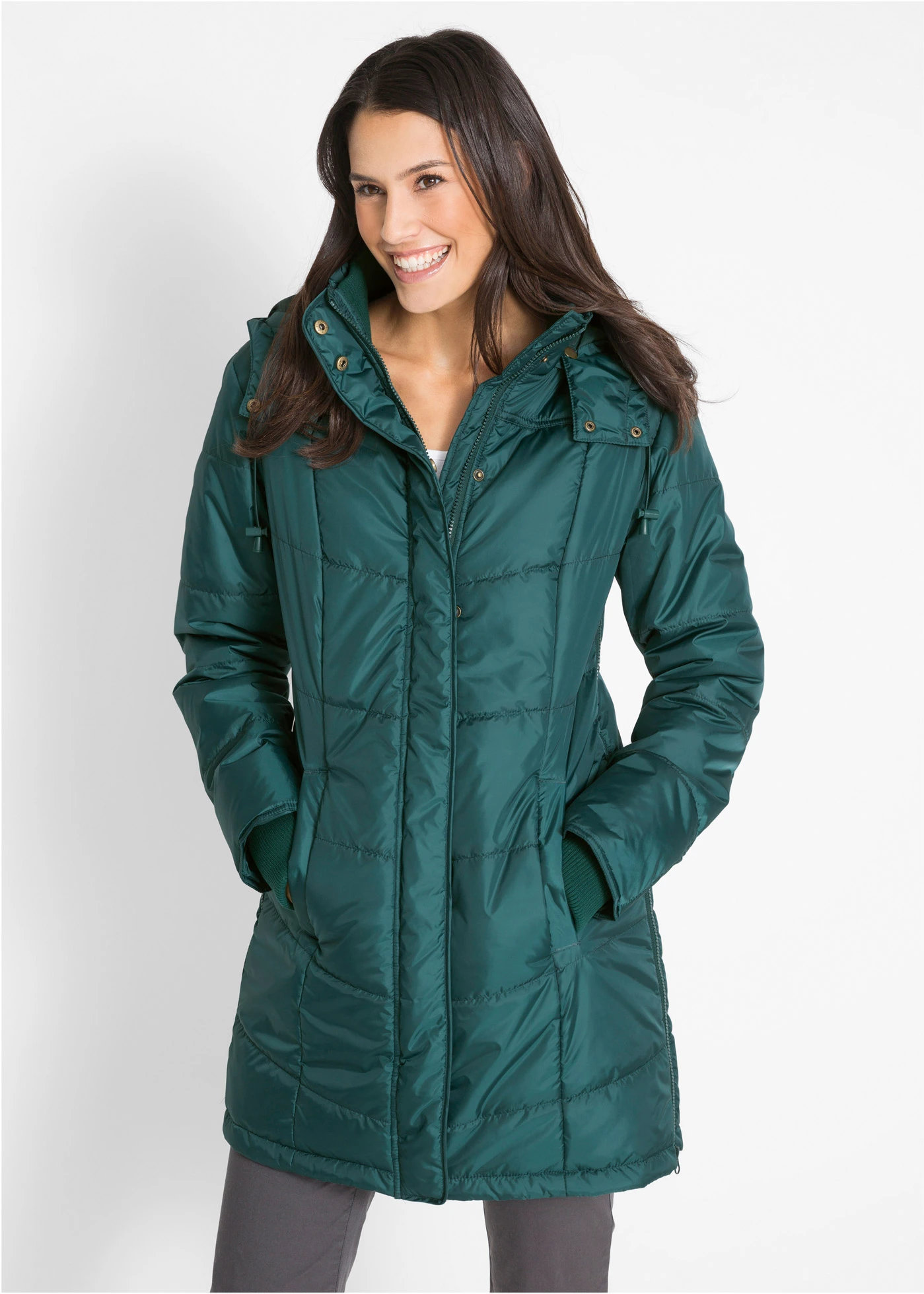 Dlouhá prošívaná bunda s límcem a kapucí, vatovaná • petrolejově zelená • bonprix obchod