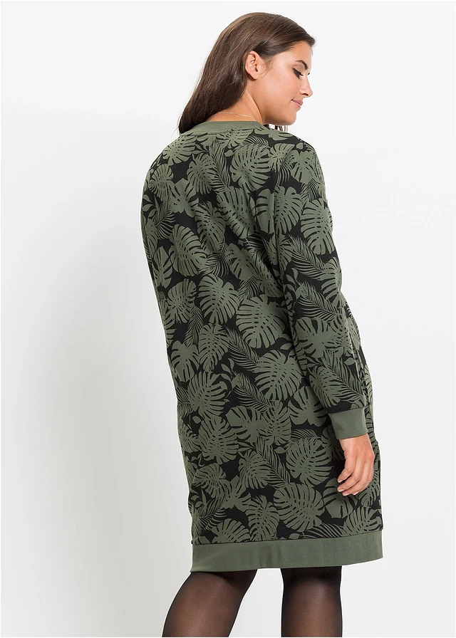 Robe imprimée en molleton, Couleur: olive foncé/noir imprimé