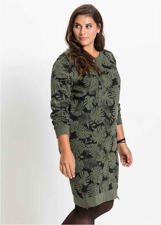 Sweatjurk met print, Kleur: donkerolijfgroen-zwart gedessineerd